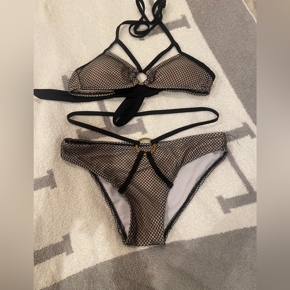Super cute Nude/black fishnet with gold rings swim suit